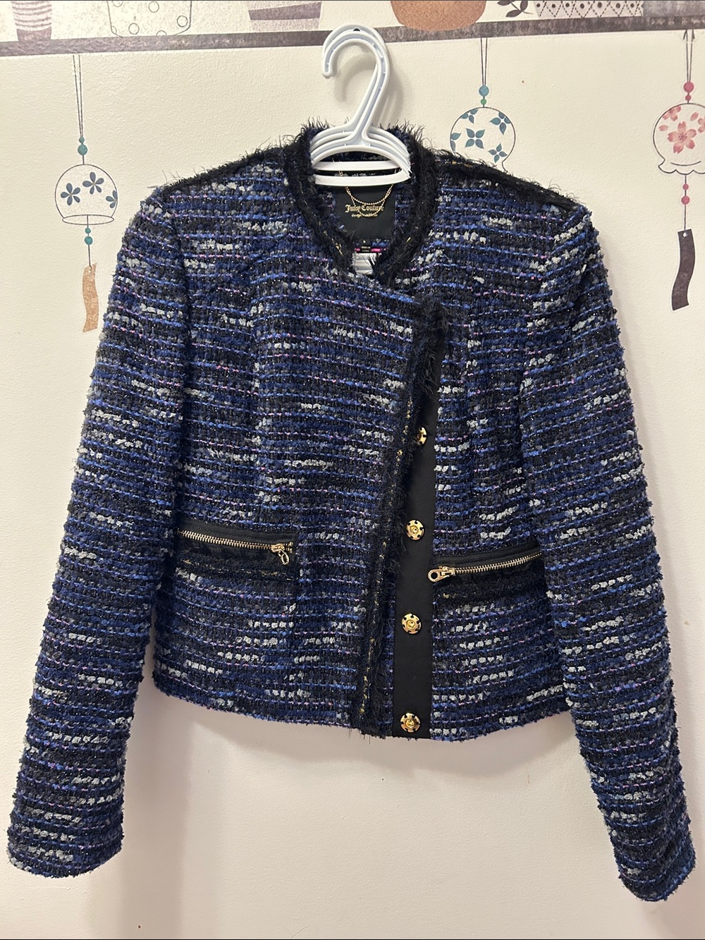 Juicy Couture Navy Blue Tweed Blazer with Gold Hardware